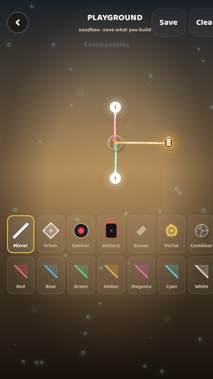 Laser Link Playground sandbox — building a puzzle with a color combiner and piece palette